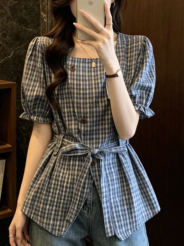 plus Size Women's Korean Style Plaid Shirt Square Collar Waist Cinched Versatile Short Sleeve Commute Slimming Top
plus Size Women's Korean Style Plaid Shirt Square Collar Waist Cinched Versatile Short Sleeve Commute Slimming Top
