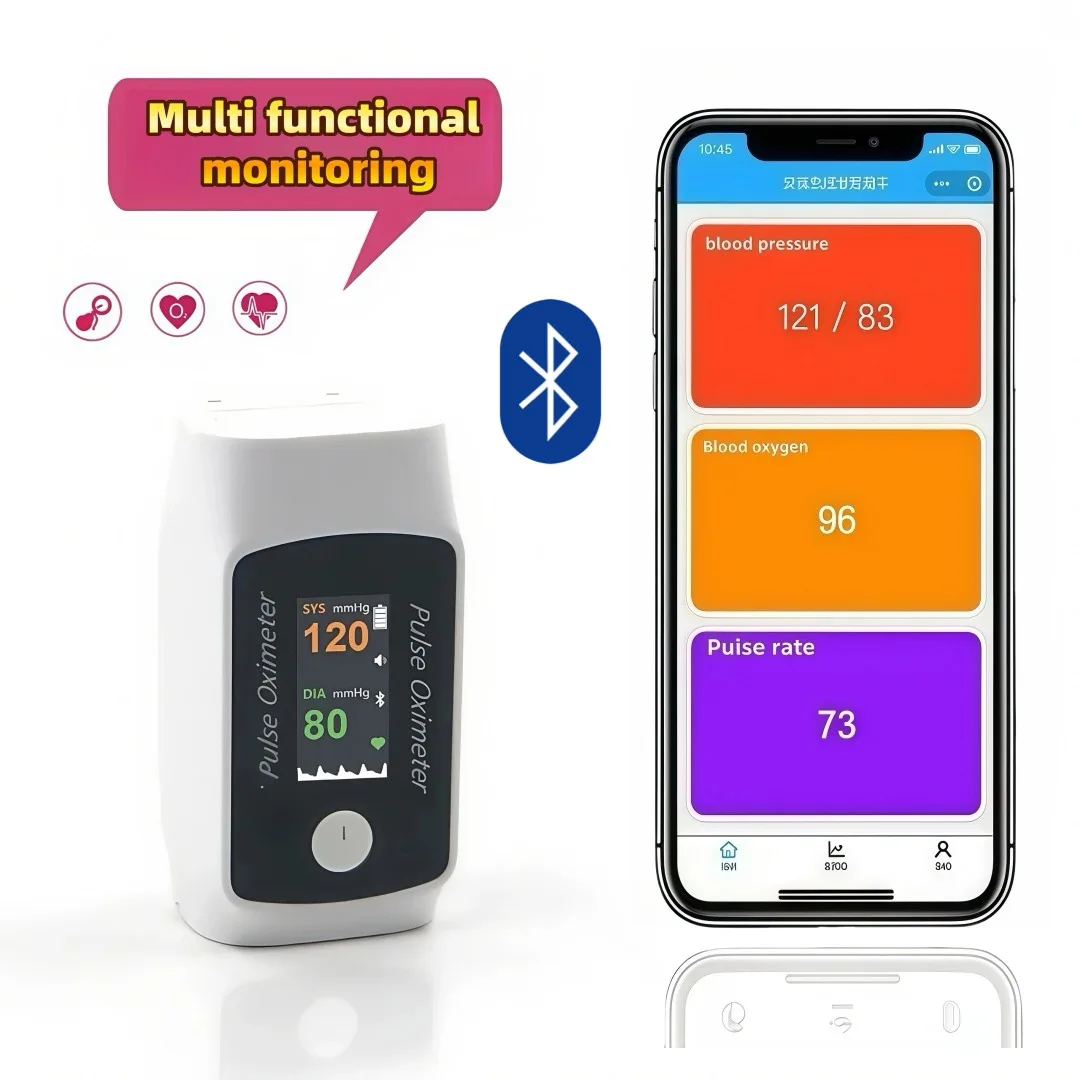 Bluetooth fingertip pulse oximeter with blood pressure monitoring function, heart rate and blood oxygen saturation monitor
Bluetooth fingertip pulse oximeter with blood pressure monitoring function, heart rate and blood oxygen saturation monitor