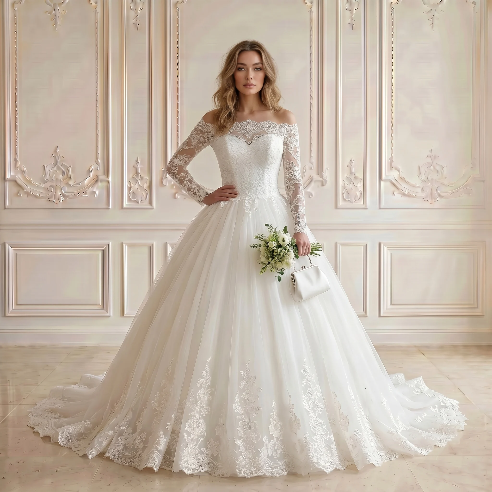 Off Shoulder Long Sleeve Ball Gown Wedding Dress Floral Lace Corset Back Deep V Back Scalloped Chapel Train Bridal Gown
Off Shoulder Long Sleeve Ball Gown Wedding Dress Floral Lace Corset Back Deep V Back Scalloped Chapel Train Bridal Gown