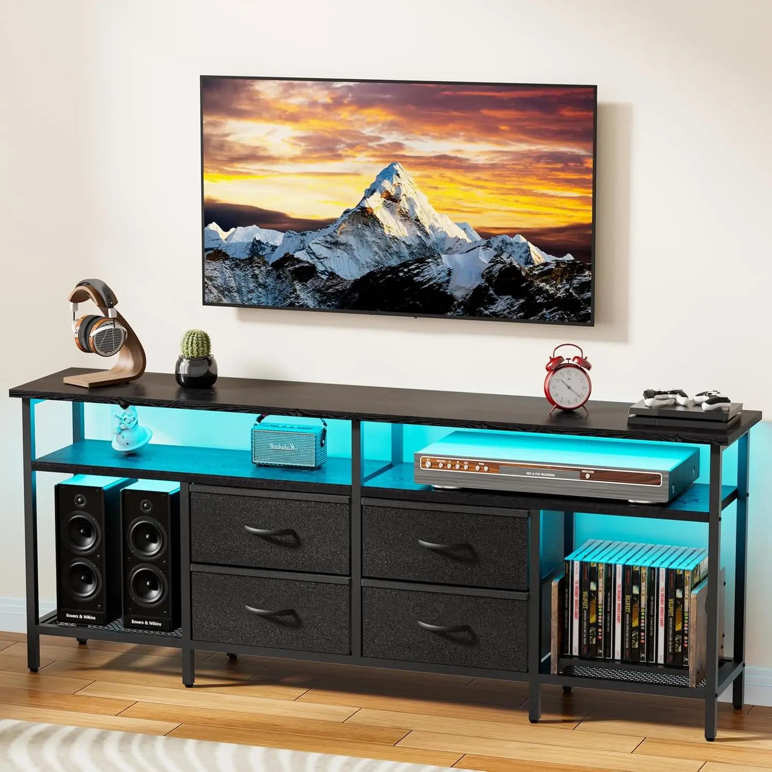 TV Stand for 55/60/65/70 Inch TV, Modern Entertainment Center LED Lights and Power Outlets, TV Stand Drawers and Shelves, Black
TV Stand for 55/60/65/70 Inch TV, Modern Entertainment Center LED Lights and Power Outlets, TV Stand Drawers and Shelves, Black