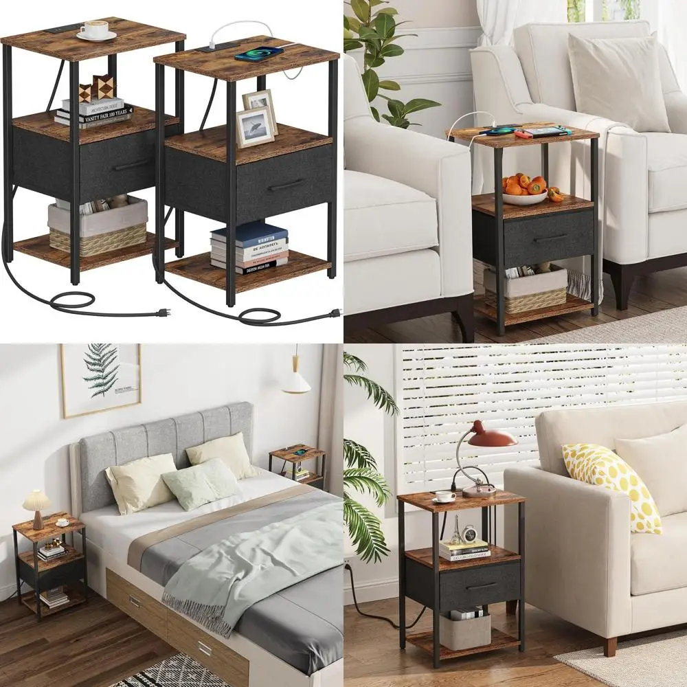 2-Piece Nightstand Set with Charging Station, Fabric Drawer, Suitable for Living Room and Bedroom, Brown
2-Piece Nightstand Set with Charging Station, Fabric Drawer, Suitable for Living Room and Bedroom, Brown