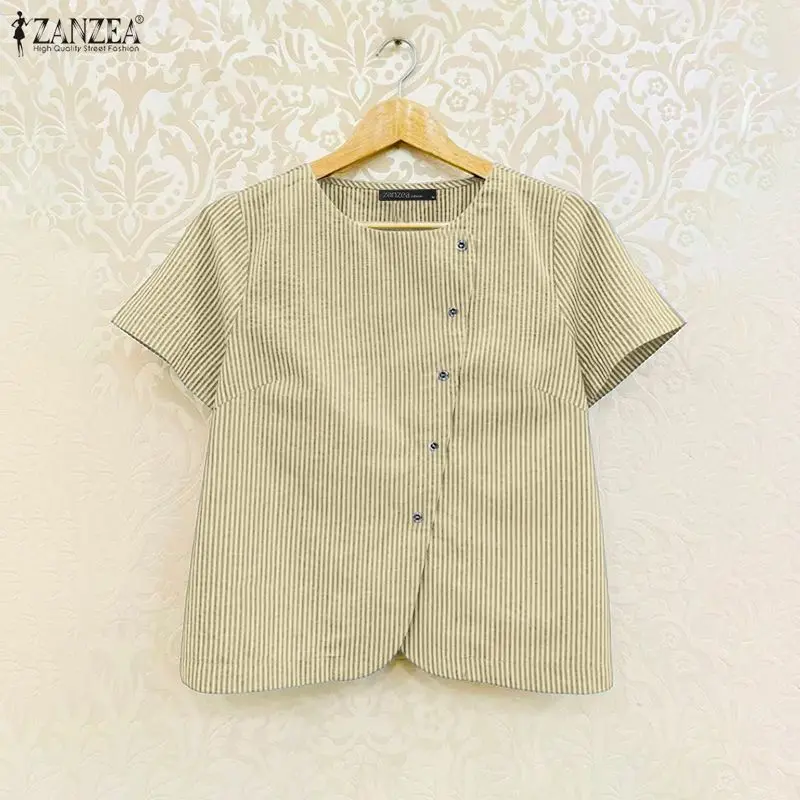 ZANZEA Women's Cotton Linen Striped Shirts O-Neck Short Sleeve Asymmetric Front Button Up Tops Summer Daily Casual Chemise Femme
ZANZEA Women's Cotton Linen Striped Shirts O-Neck Short Sleeve Asymmetric Front Button Up Tops Summer Daily Casual Chemise Femme