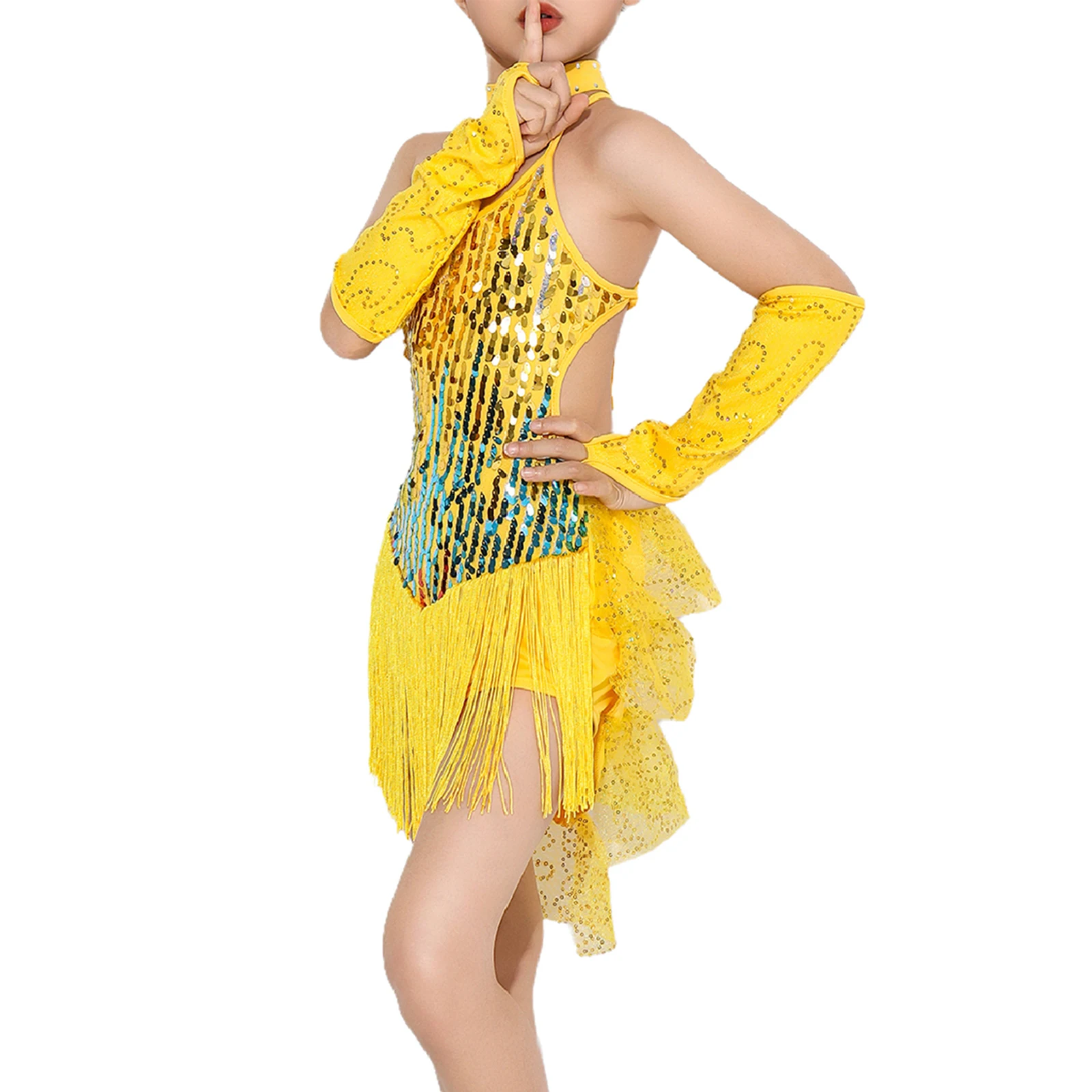 Kids Girls Lyrical Latin Cha-cha Samba Stage Performance Outfit Sequin Tassel Tiered Dress with Gloves And Choker Dance Set
Kids Girls Lyrical Latin Cha-cha Samba Stage Performance Outfit Sequin Tassel Tiered Dress with Gloves And Choker Dance Set