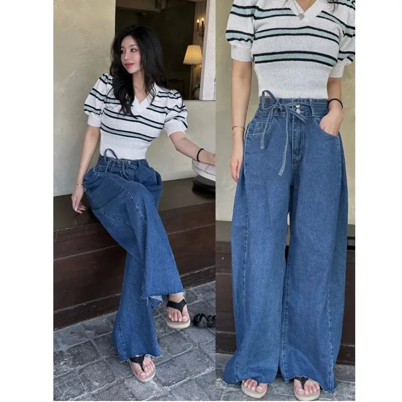 Fashionable Youthful Washed Loose Straight Leg Jeans Belted Pleated Lines Casual High Waist Wide Leg Blue Cotton Denim
Fashionable Youthful Washed Loose Straight Leg Jeans Belted Pleated Lines Casual High Waist Wide Leg Blue Cotton Denim