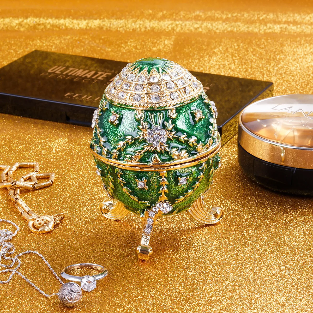 1Pcs Unique Metal Jewelry Container Egg Shape Design with Shiny Rhinestones Portable and Organized for Women Green 
1Pcs Unique Metal Jewelry Container Egg Shape Design with Shiny Rhinestones Portable and Organized for Women Green