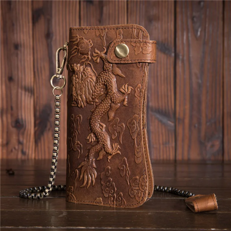 B161 Anti Theft Iron Chain Oil Wax Leather Wallet, Retro Dragon Pattern Top Layer Cowhide Long Card Bag
B161 Anti Theft Iron Chain Oil Wax Leather Wallet, Retro Dragon Pattern Top Layer Cowhide Long Card Bag