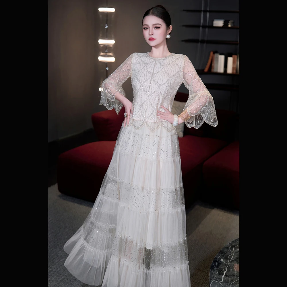 Meyyithun Women's Set O-neck Heavy Embroidery Beads Net Long Sleeve Blouse+Mesh Long Skirt Skirt Set
Meyyithun Women's Set O-neck Heavy Embroidery Beads Net Long Sleeve Blouse+Mesh Long Skirt Skirt Set