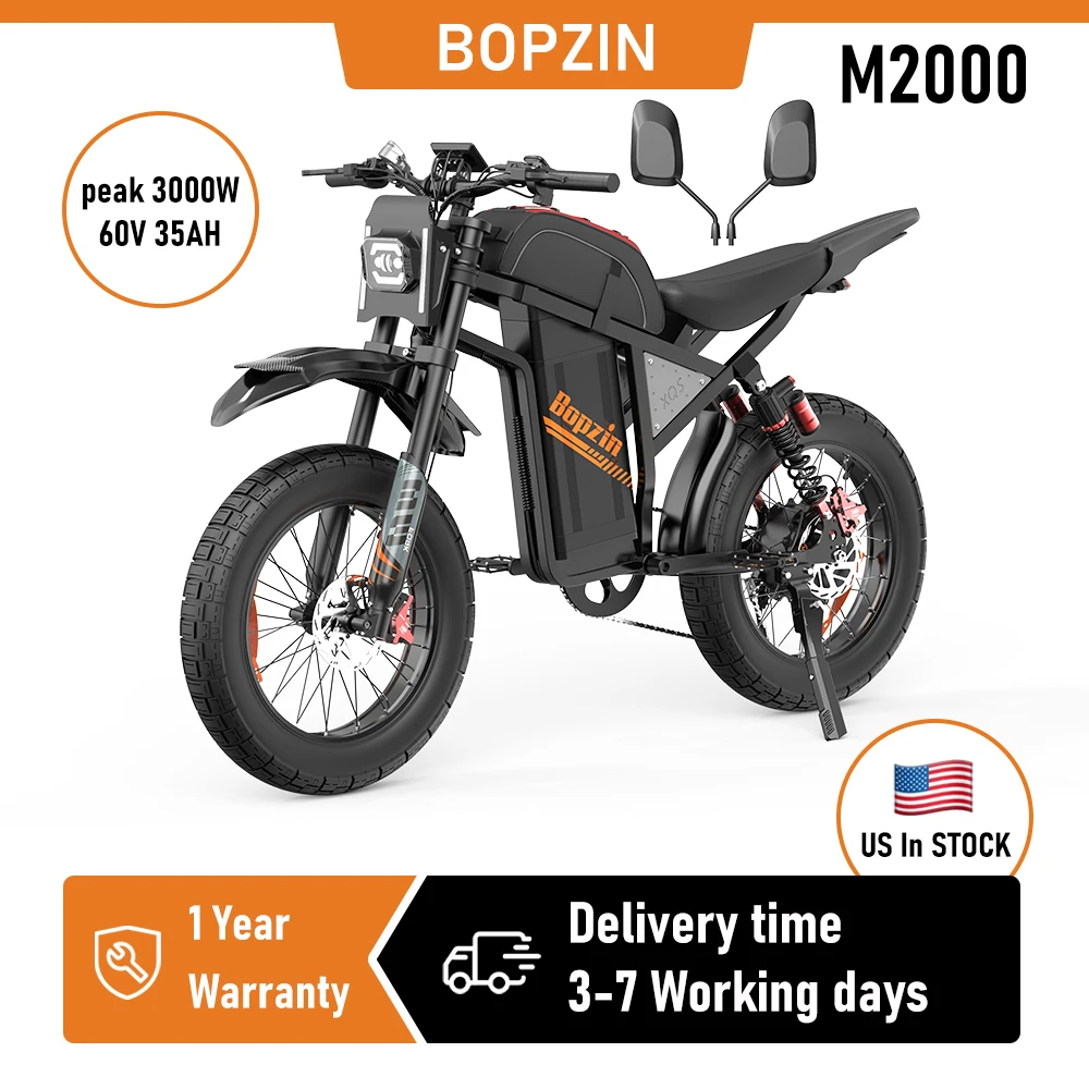 Bopzin M2000 60V 35Ah Electric Mountain Dirt Bike For Adults 3000W 20"x4 Off Road Fat Tire E-Bike Electric Bicycles Motorcycle
Bopzin M2000 60V 35Ah Electric Mountain Dirt Bike For Adults 3000W 20"x4 Off Road Fat Tire E-Bike Electric Bicycles Motorcycle