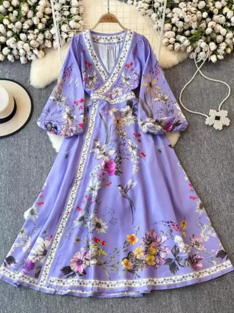 Women Vintage Cross V Neck Long Lantern Sleeve Floral Print Dress Autumn Bohemian Flower Beach A Line Belt Bandage Wrap Vestidos
Women Vintage Cross V Neck Long Lantern Sleeve Floral Print Dress Autumn Bohemian Flower Beach A Line Belt Bandage Wrap Vestidos