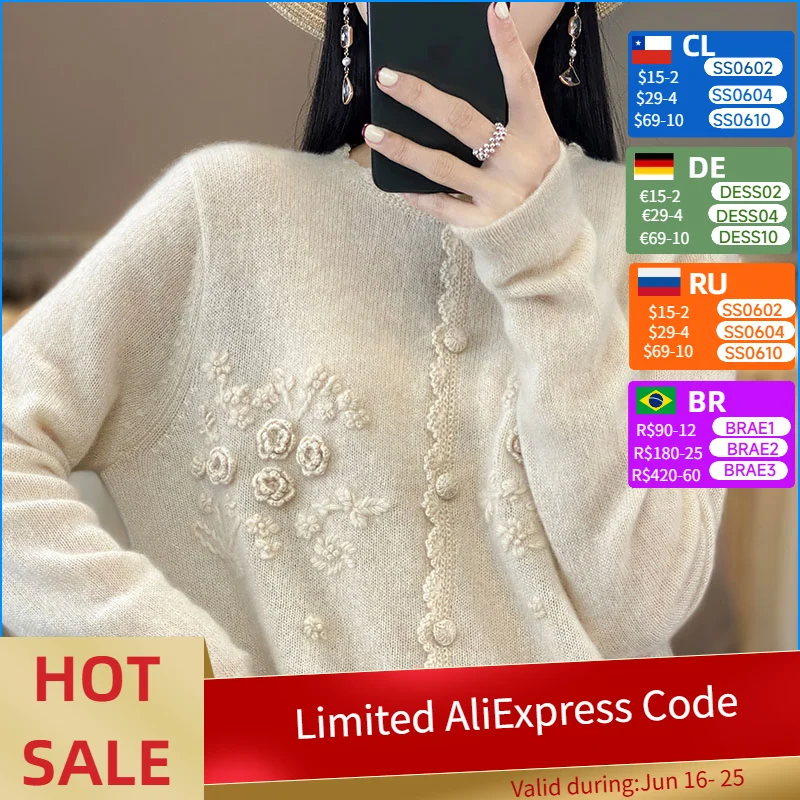 Pure Cashmere Women Sweater Autumn Winter New Lace Round Neck Cardigan Fashion Embroidery Casual Knitted Soft Jacket Tops
Pure Cashmere Women Sweater Autumn Winter New Lace Round Neck Cardigan Fashion Embroidery Casual Knitted Soft Jacket Tops