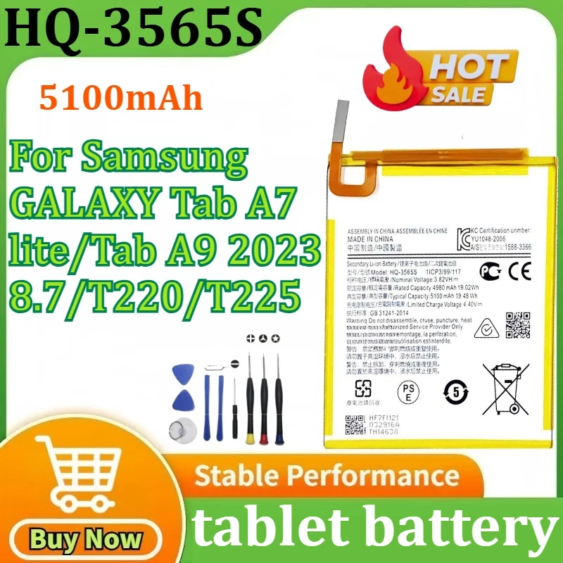 High Quality 100% HQ-3565S 5100mAh for Samsung GALAXY Tab A7 Lite/Tab A9 2023 8.7/T220/T225 Tablet Battery+Tool
High Quality 100% HQ-3565S 5100mAh for Samsung GALAXY Tab A7 Lite/Tab A9 2023 8.7/T220/T225 Tablet Battery+Tool