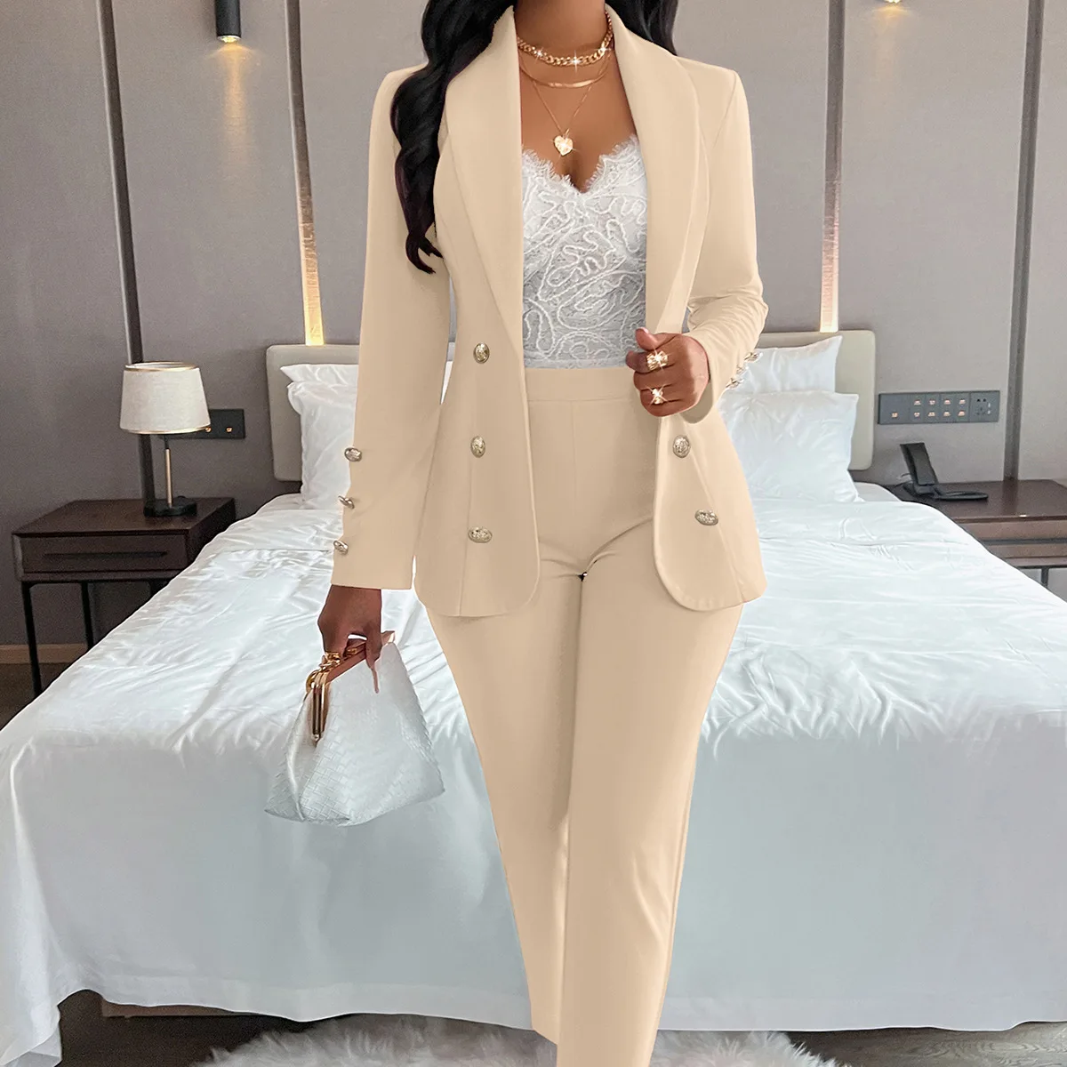 Sexy Pure Color Casual Suit Set Women's Double Breasted Suit Jaet And Pants Workwear Long Sve Long Trousers Autumn 2024
Sexy Pure Color Casual Suit Set Women's Double Breasted Suit Jaet And Pants Workwear Long Sve Long Trousers Autumn 2024