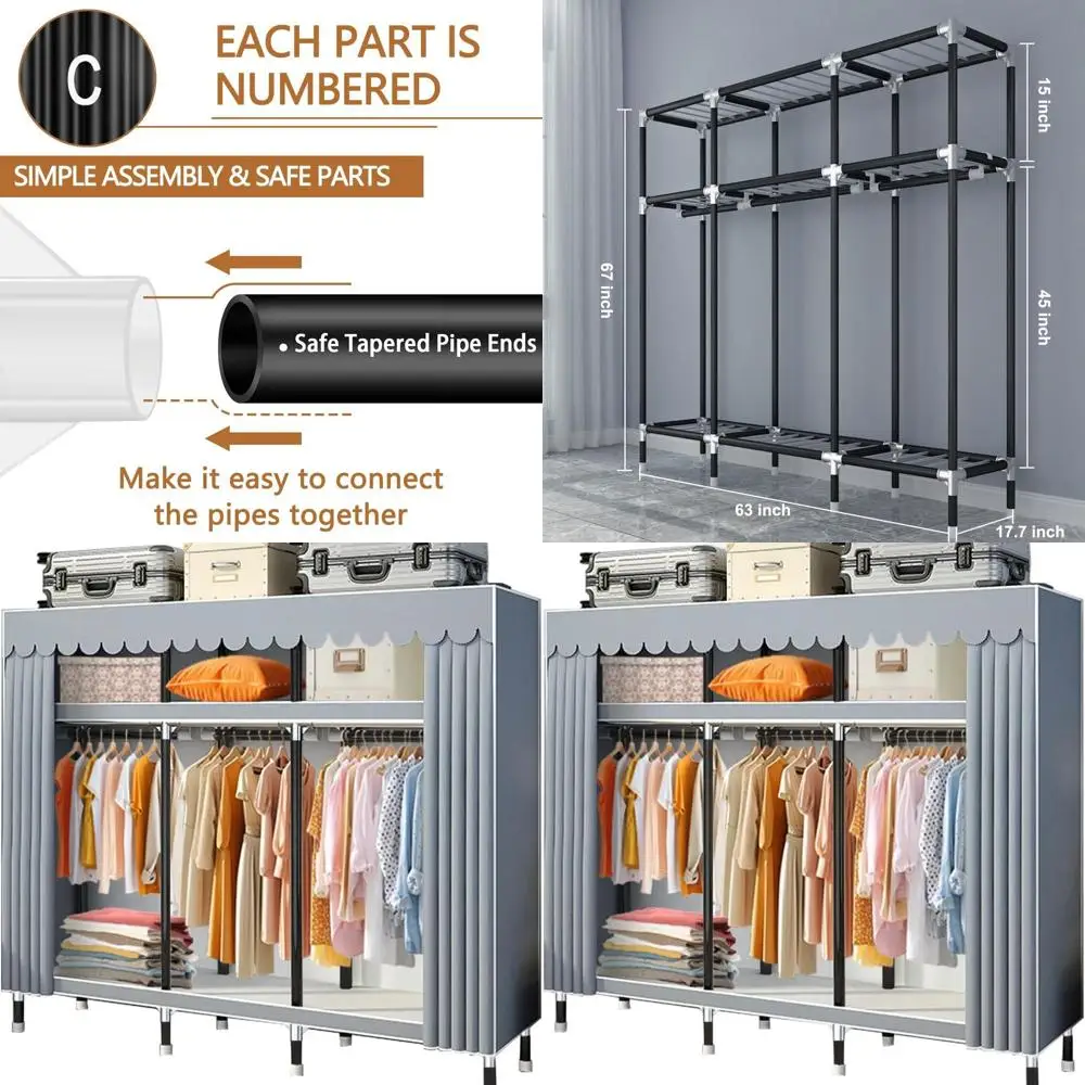 Portable Wardrobe for Hanging Clothes, 67" x 17.7" x 63‘’Covered Portable Wardrobe withWardrobe with Alloy Steel Connectors, Non
Portable Wardrobe for Hanging Clothes, 67" x 17.7" x 63‘’Covered Portable Wardrobe withWardrobe with Alloy Steel Connectors, Non