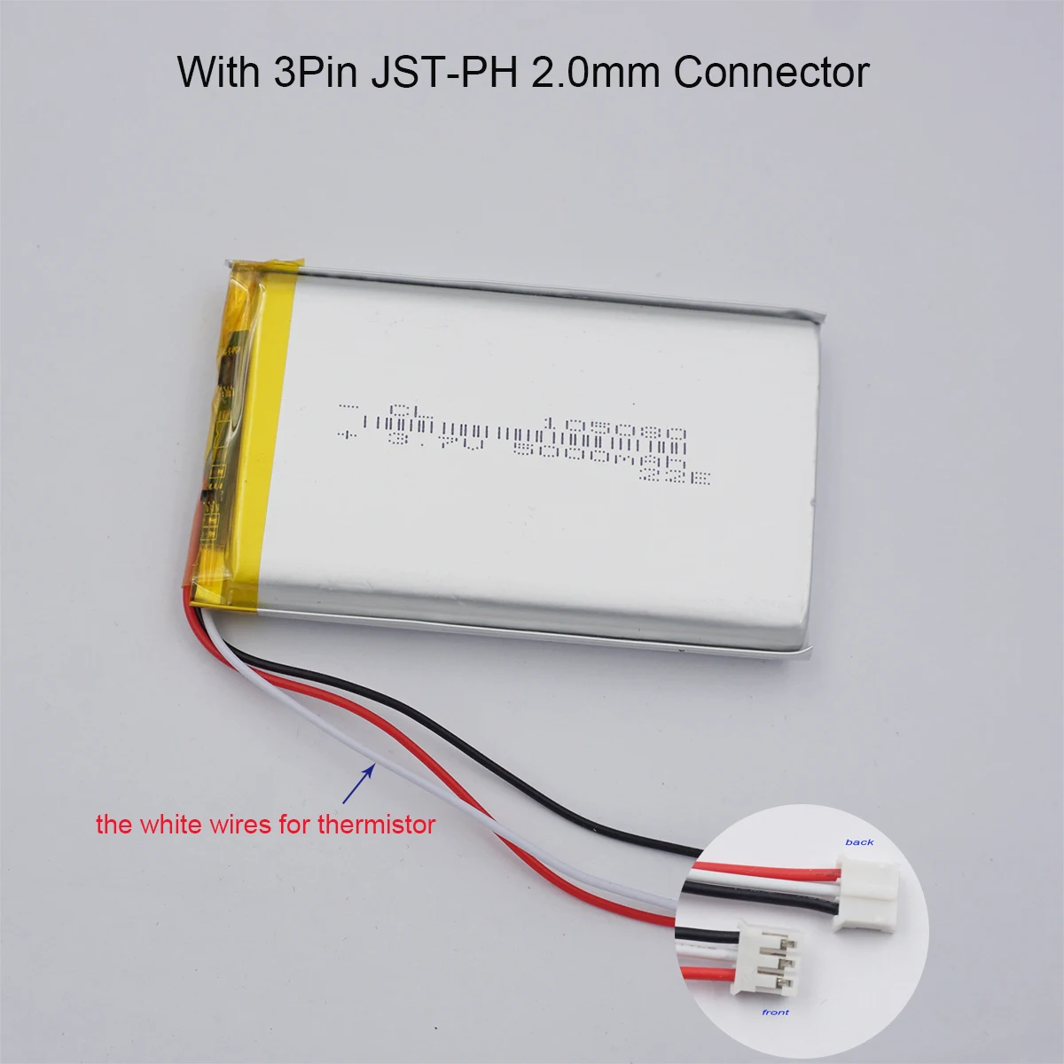 3.7V 5000mAh 18.5Wh 105080 3 Wires Thermistor Li-Polymer Li Battery JST 3Pin 2.0mm For DashCam GPS ipod PAD Power Bank Tablet PC
3.7V 5000mAh 18.5Wh 105080 3 Wires Thermistor Li-Polymer Li Battery JST 3Pin 2.0mm For DashCam GPS ipod PAD Power Bank Tablet PC