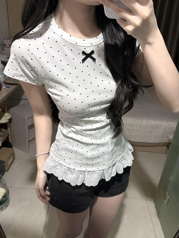 Korean Style Polka Dot Ruffle Short Sleeve Slim Fit T-Shirt Women Summer Fashionable Versatile Top Knot Design Cotton
Korean Style Polka Dot Ruffle Short Sleeve Slim Fit T-Shirt Women Summer Fashionable Versatile Top Knot Design Cotton