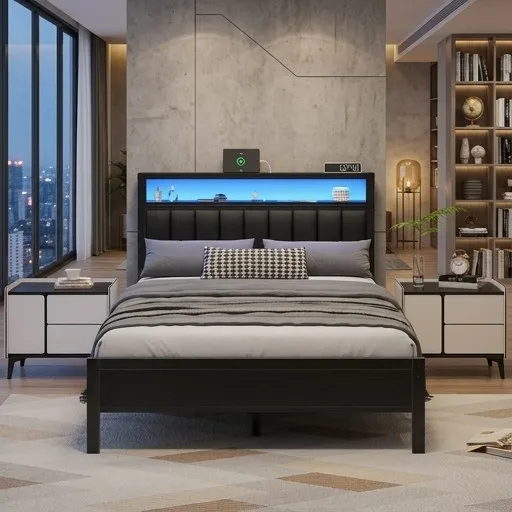 Full Size Bed Frame with Charging Station & LED Lights, Upholstered Headboard, 2-Tier Storage
Full Size Bed Frame with Charging Station & LED Lights, Upholstered Headboard, 2-Tier Storage