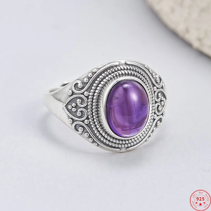S925 Sterling Silver Rings for Women Men Ethnic Style Retro Pattern Inlaid Oval Cabochon Amethyst Fashion Jewelry Wholesale
S925 Sterling Silver Rings for Women Men Ethnic Style Retro Pattern Inlaid Oval Cabochon Amethyst Fashion Jewelry Wholesale