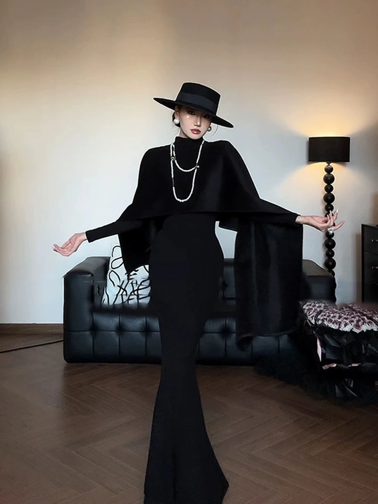 Elegant plus Size Women's Black Cloak Shoulder Wrap Winter Hepburn Style Fish Tail Dress Casual French Style Zipper Design Lo...
Elegant plus Size Women's Black Cloak Shoulder Wrap Winter Hepburn Style Fish Tail Dress Casual French Style Zipper Design Lo...