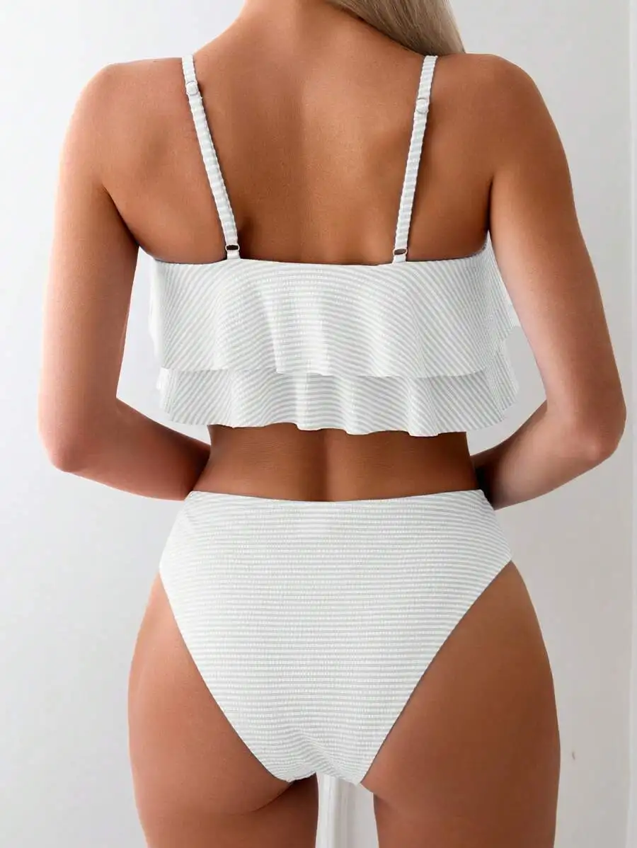Women Two Piece Swimsuit With Ruffled Camisole Top And High Waist Bottom For Beach Vacation
Women Two Piece Swimsuit With Ruffled Camisole Top And High Waist Bottom For Beach Vacation