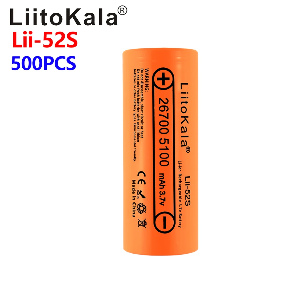 500pcs LiitoKala Lii-52S 26700 5100mAh 3.7V Rechargeable lithium battery cell for 36V e-bike power HID solar light/3C discharge
500pcs LiitoKala Lii-52S 26700 5100mAh 3.7V Rechargeable lithium battery cell for 36V e-bike power HID solar light/3C discharge