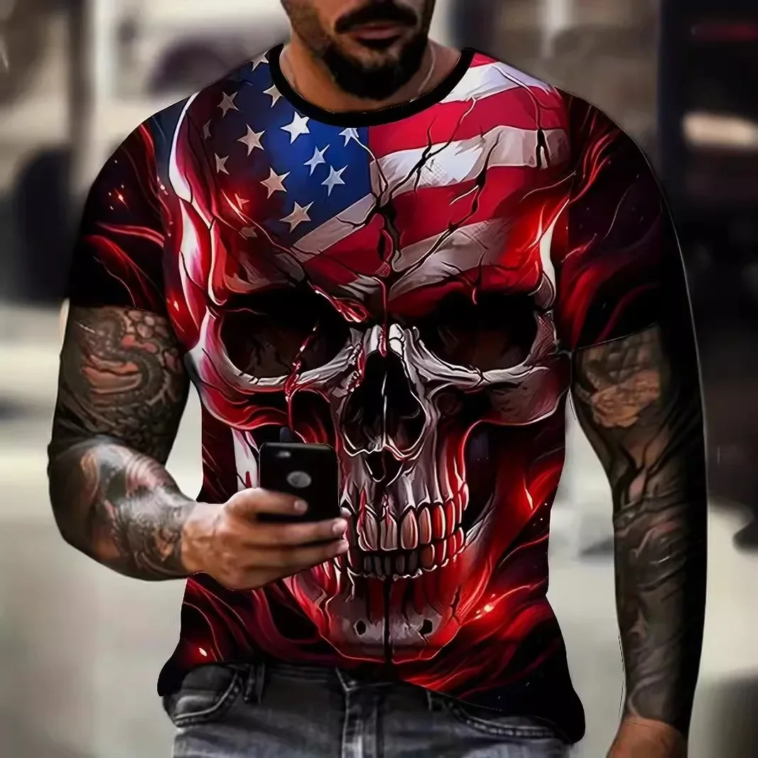 Men's 3D printed cover with skull and American flag summer short-sleeved T-shirt round neck large top Y2K 2025 novelty
Men's 3D printed cover with skull and American flag summer short-sleeved T-shirt round neck large top Y2K 2025 novelty