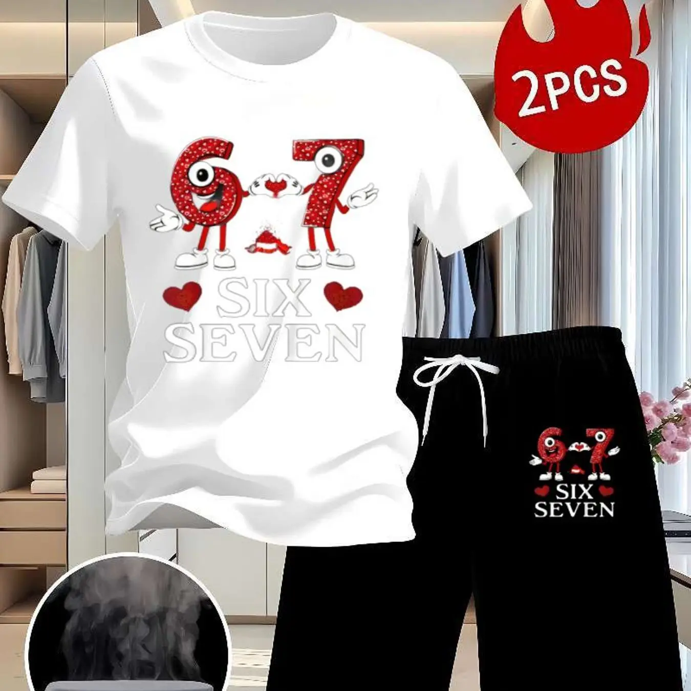 Two-piece casual set printed with red cartoon characters 6 and 7, featuring heart-shaped designs and letter prints.
Two-piece casual set printed with red cartoon characters 6 and 7, featuring heart-shaped designs and letter prints.
