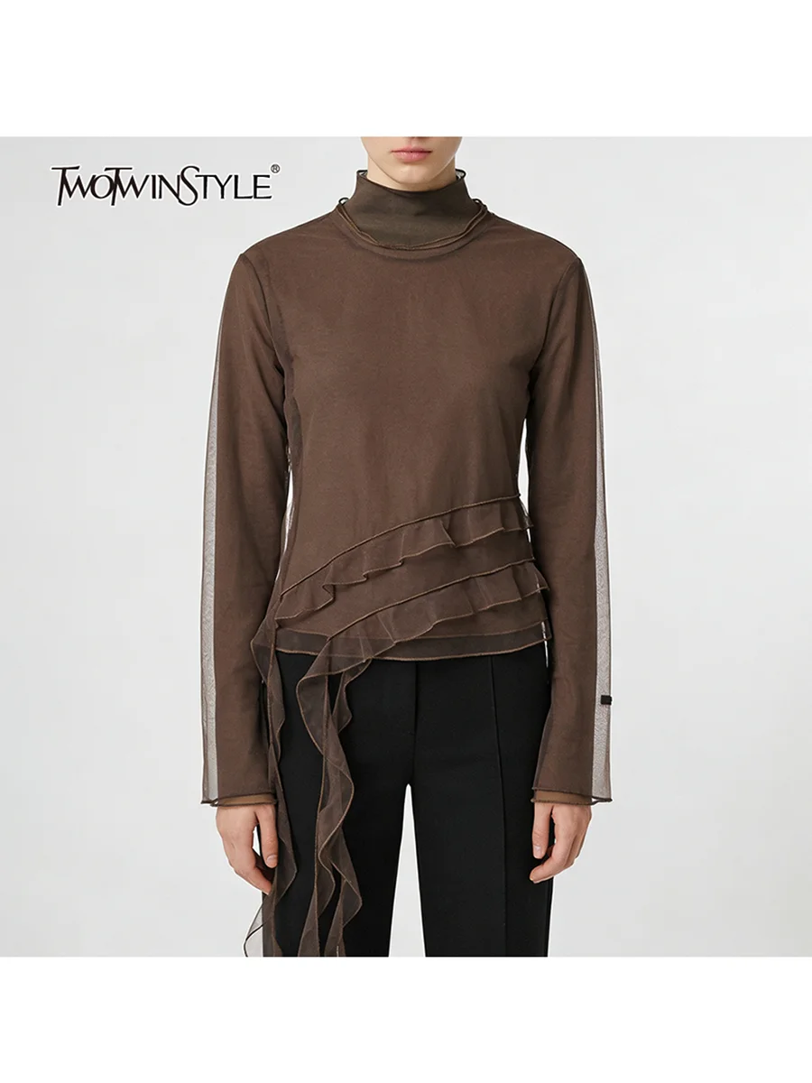 TWOTWINSTYLE Solid Slimming Spliced Meash Fashion T Shirts for Women Stand Neck Long Sleeves Patchwork Ruffles T Shirt Female
TWOTWINSTYLE Solid Slimming Spliced Meash Fashion T Shirts for Women Stand Neck Long Sleeves Patchwork Ruffles T Shirt Female