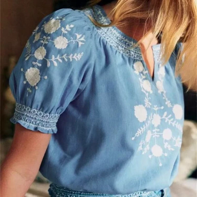 2025 Sezanes shirt French summer new retro embroidery floral V-neck bubble sleeve waist slim fashion versatile shirt
2025 Sezanes shirt French summer new retro embroidery floral V-neck bubble sleeve waist slim fashion versatile shirt