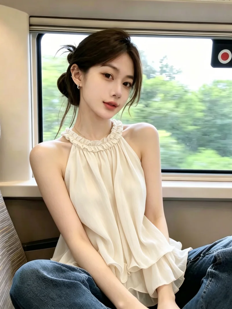 Sweet Lace Trim Neck Hanging Sleeveless Vest Women's Summer New Fairylike Puffy Shoulder Top Korean Style Straight Cut Silk
Sweet Lace Trim Neck Hanging Sleeveless Vest Women's Summer New Fairylike Puffy Shoulder Top Korean Style Straight Cut Silk