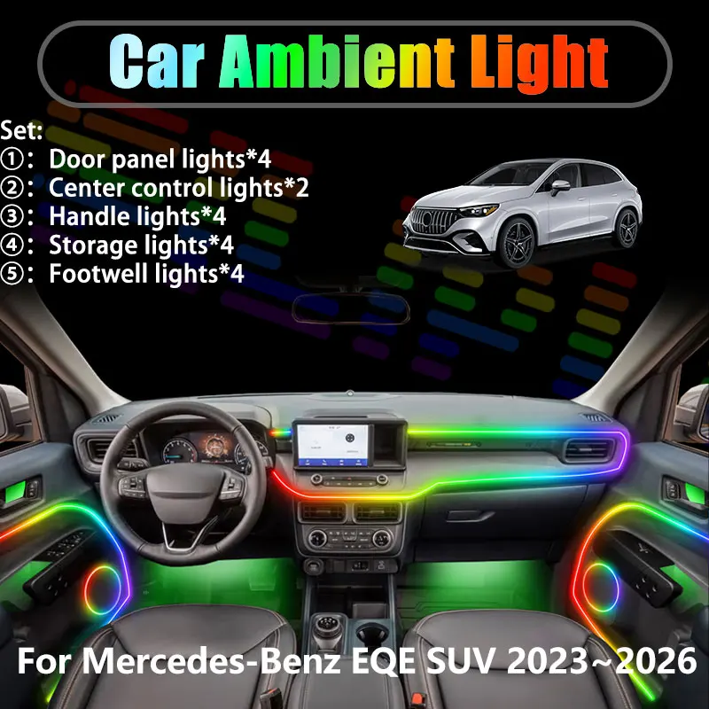 Для Mercedes-Benz EQE SUV 2023~2026 X294: Комплект светодиодной подсветки салона и багажника 2/18 в 1, USB RGB, с эффектом потока
Для Mercedes-Benz EQE SUV 2023~2026 X294: Комплект светодиодной подсветки салона и багажника 2/18 в 1, USB RGB, с эффектом потока