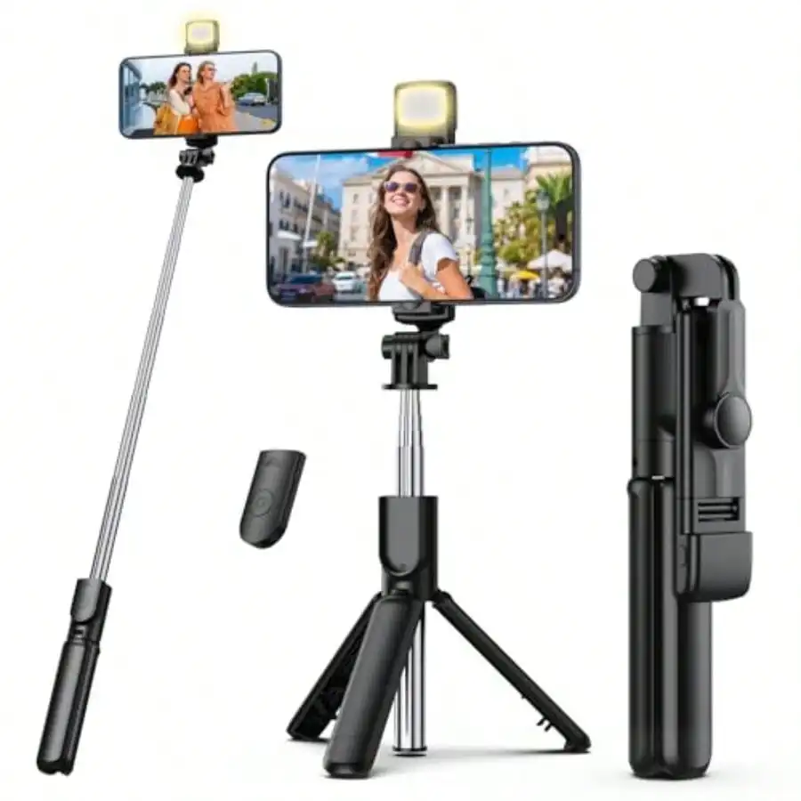 Selfie Stick Tripod With Light: Aluminum Black Retractable Wireless Remote For Photography Live Streaming Video Recording Fits 4-7'' Smartphones
Selfie Stick Tripod With Light: Aluminum Black Retractable Wireless Remote For Photography Live Streaming Video Recording Fits 4-7'' Smartphones
