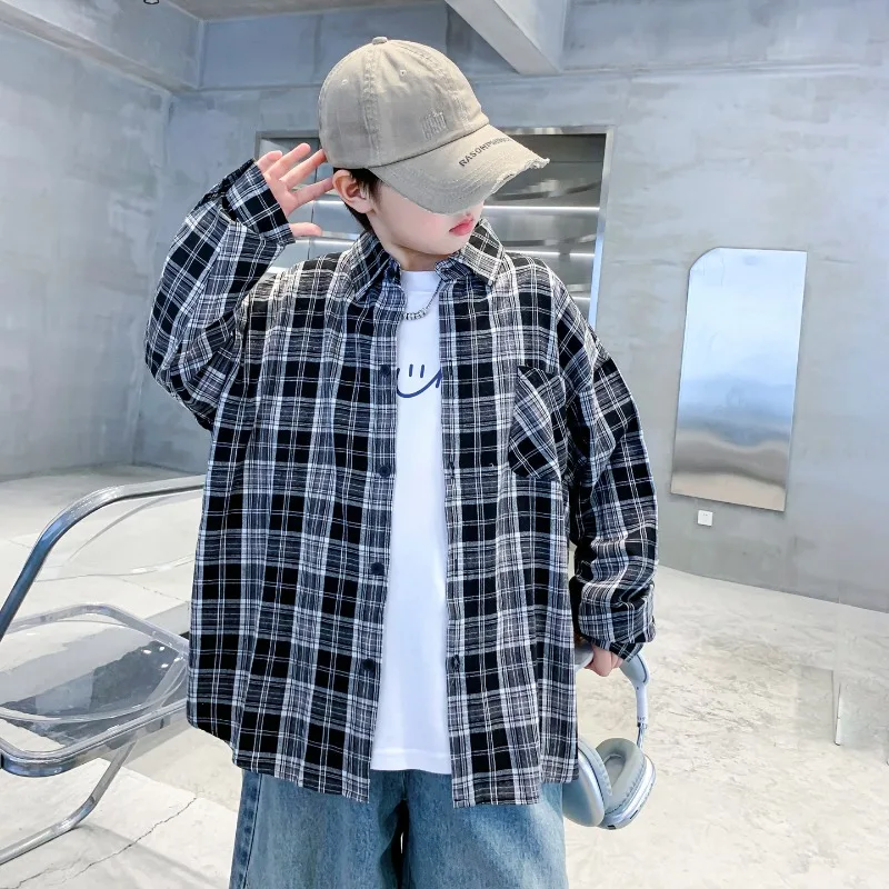 Boys Shirt Jacket Korean Fashion Style Long Sleeve Black Plaid Shirt 2025 Childrens Clothes Autumn Loose Blouses 
Boys Shirt Jacket Korean Fashion Style Long Sleeve Black Plaid Shirt 2025 Childrens Clothes Autumn Loose Blouses