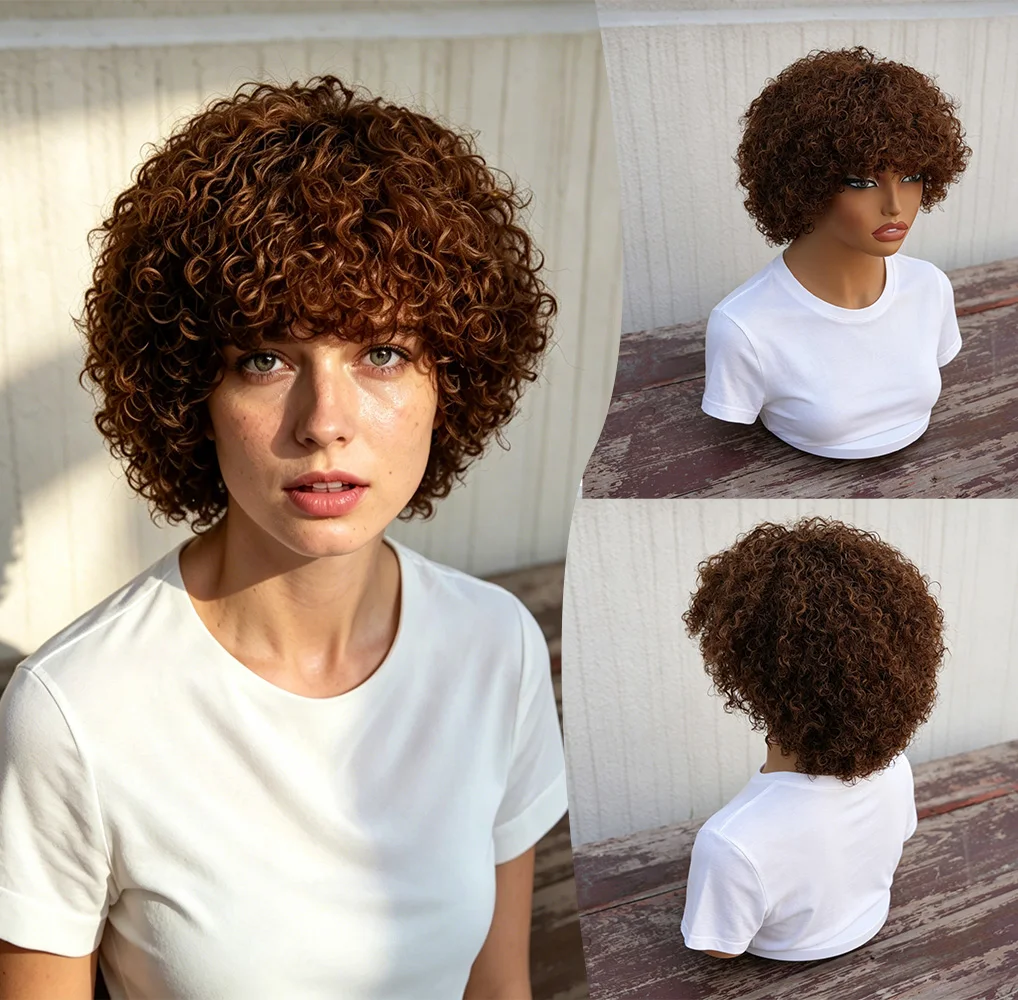 Short Vibrant Brown Curly Pixie Wig with Bangs Full Machine Made Wig 100% Human Hair Wig for Daily Use
Short Vibrant Brown Curly Pixie Wig with Bangs Full Machine Made Wig 100% Human Hair Wig for Daily Use