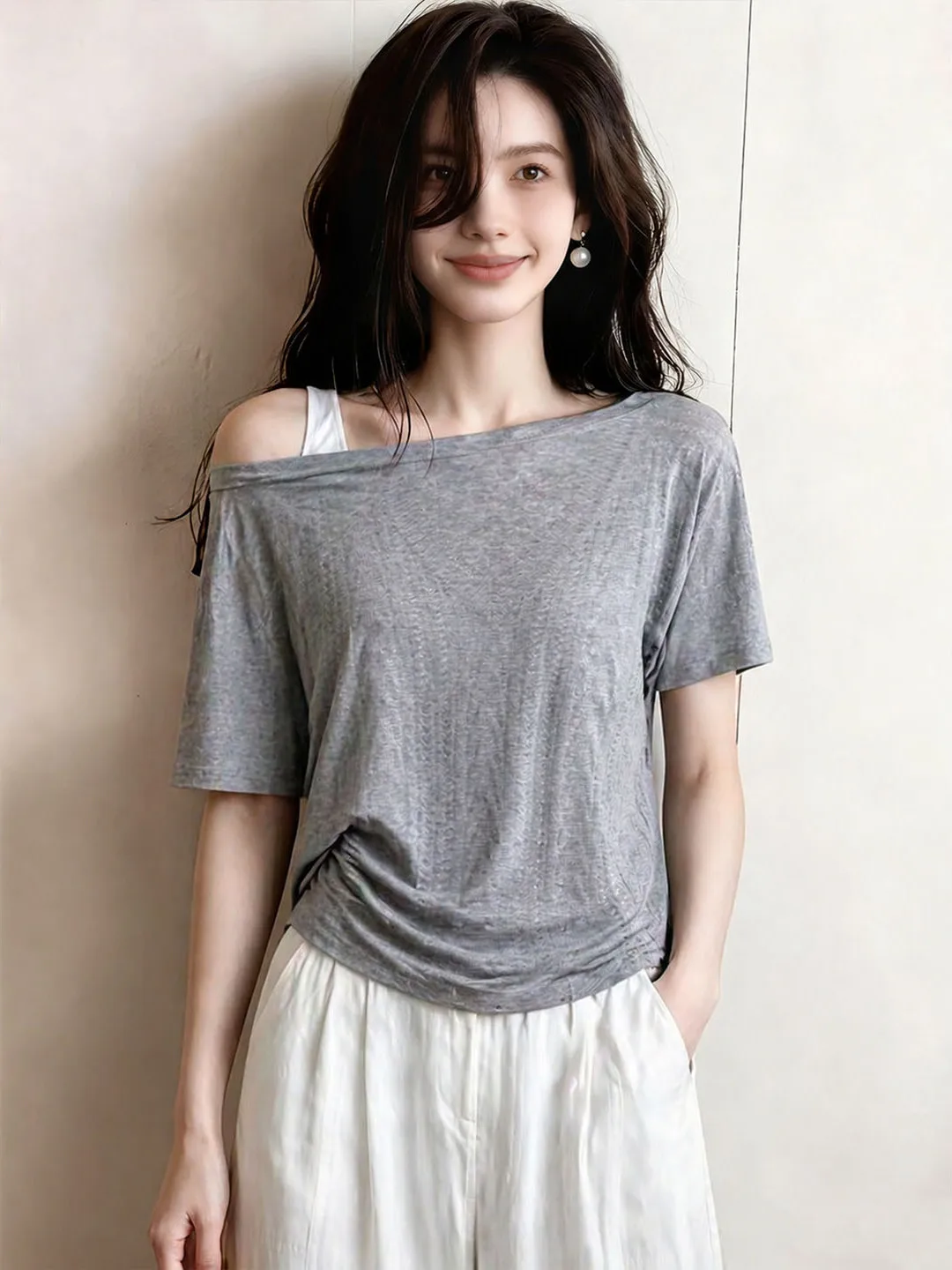 Commute Style Pleated Short Sleeve T-Shirt Waist Cinched Korean Style Shoulder Bared Top Simple Slimming Summer Shirt
Commute Style Pleated Short Sleeve T-Shirt Waist Cinched Korean Style Shoulder Bared Top Simple Slimming Summer Shirt
