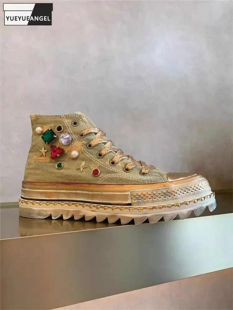Vintage Women Shiny Diamonds Hole Ripped High Top Canvas Shoes Thick Platform Rivets Casual Shoes Fashion Distressed Sneakers
Vintage Women Shiny Diamonds Hole Ripped High Top Canvas Shoes Thick Platform Rivets Casual Shoes Fashion Distressed Sneakers