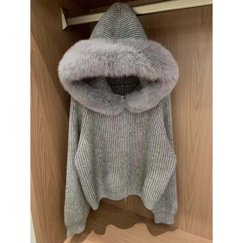 Fur Collar Hooded Zipper Sweater Women's Coat Loose High-end Casual All-match Long Sleeve Knitwear Cardigan Outerwear Female
Fur Collar Hooded Zipper Sweater Women's Coat Loose High-end Casual All-match Long Sleeve Knitwear Cardigan Outerwear Female