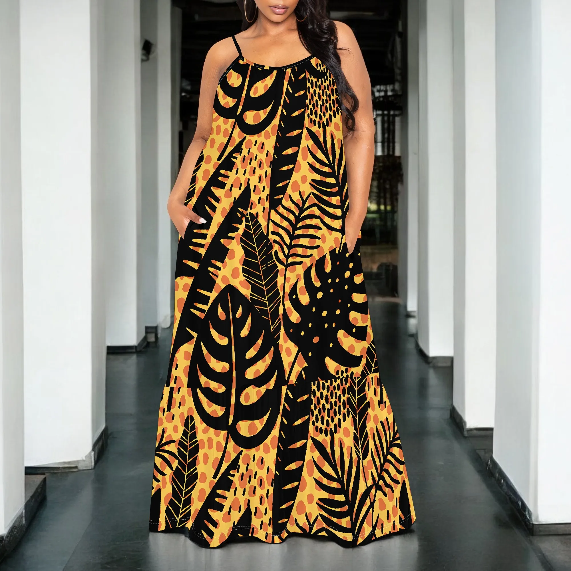 Sleeveless Maxi Dress for Women Yellow Jungle Leaf Print Summer Vacation Loose Fit Sundress
Sleeveless Maxi Dress for Women Yellow Jungle Leaf Print Summer Vacation Loose Fit Sundress