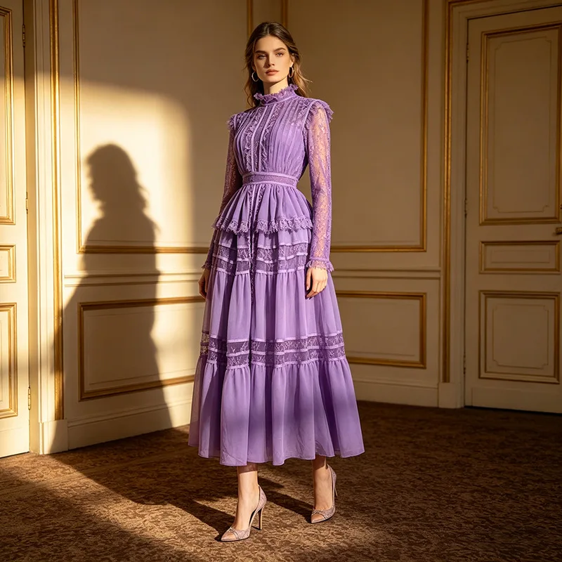 Fashion Lace Trim Embroidery Big Swing Dress Spring Women Stand Collar Long Sleeves Dress High Waist Pullover Knee Length Dress
Fashion Lace Trim Embroidery Big Swing Dress Spring Women Stand Collar Long Sleeves Dress High Waist Pullover Knee Length Dress