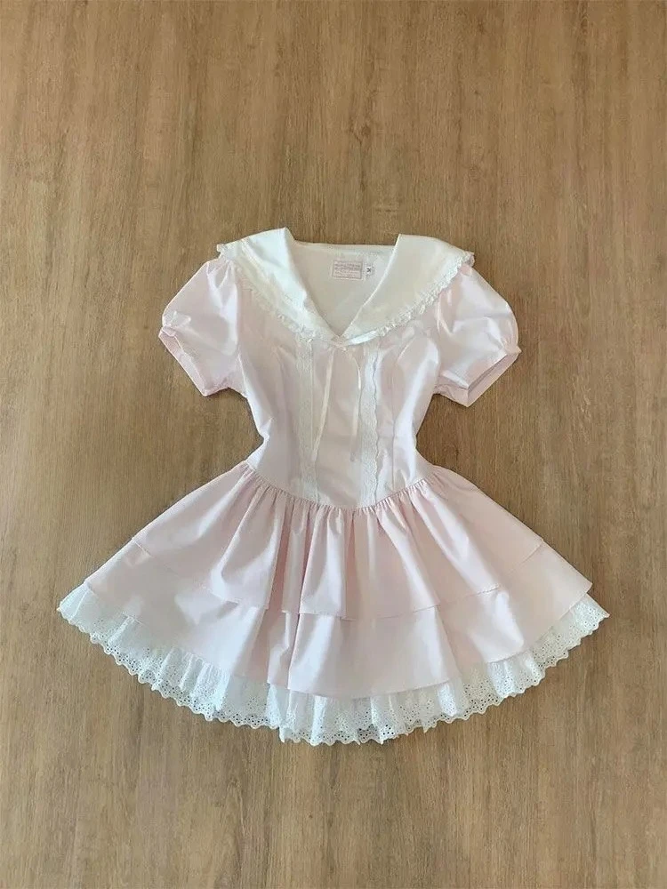 Sweet Pink Sailor Collar Slim Women Dress Lace Kawaii Short Sleeve Fluffy Dresses New Harajuku Fashion Fairy Clothes Summer 2025
Sweet Pink Sailor Collar Slim Women Dress Lace Kawaii Short Sleeve Fluffy Dresses New Harajuku Fashion Fairy Clothes Summer 2025