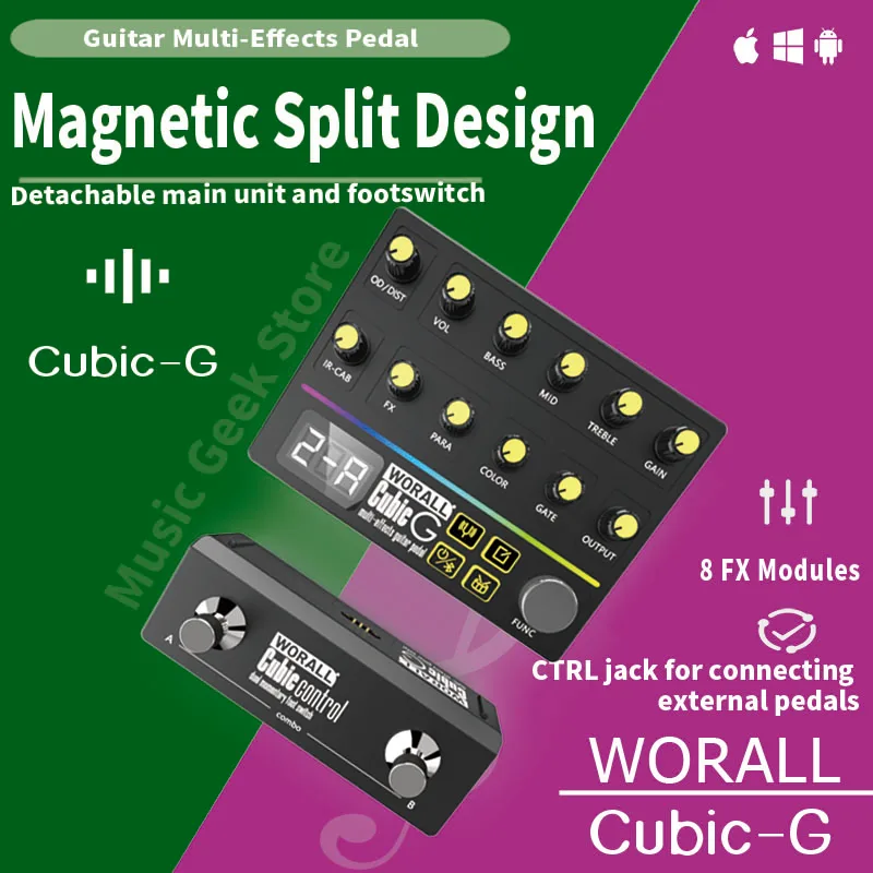 WORALL Cubic G Magnetic Split Guitar Multi-FX Processor 8 FX Modules 40 Presets Bluetooth APP Control 2000mAh Battery
WORALL Cubic G Magnetic Split Guitar Multi-FX Processor 8 FX Modules 40 Presets Bluetooth APP Control 2000mAh Battery