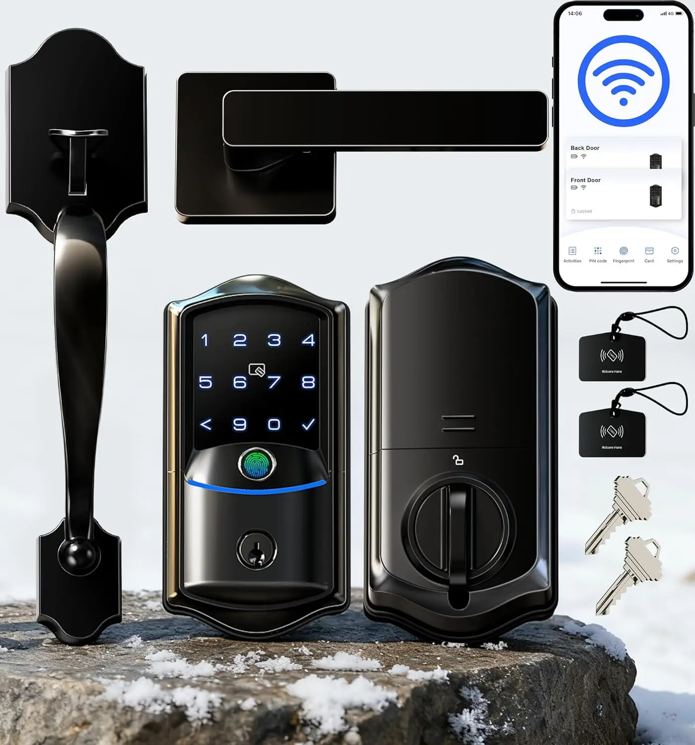 WiFi Smart Deadbolt with Handleset, Fingerprint, App & Voice Control, Keyless Entry, Auto-Lock, Matte Black
WiFi Smart Deadbolt with Handleset, Fingerprint, App & Voice Control, Keyless Entry, Auto-Lock, Matte Black