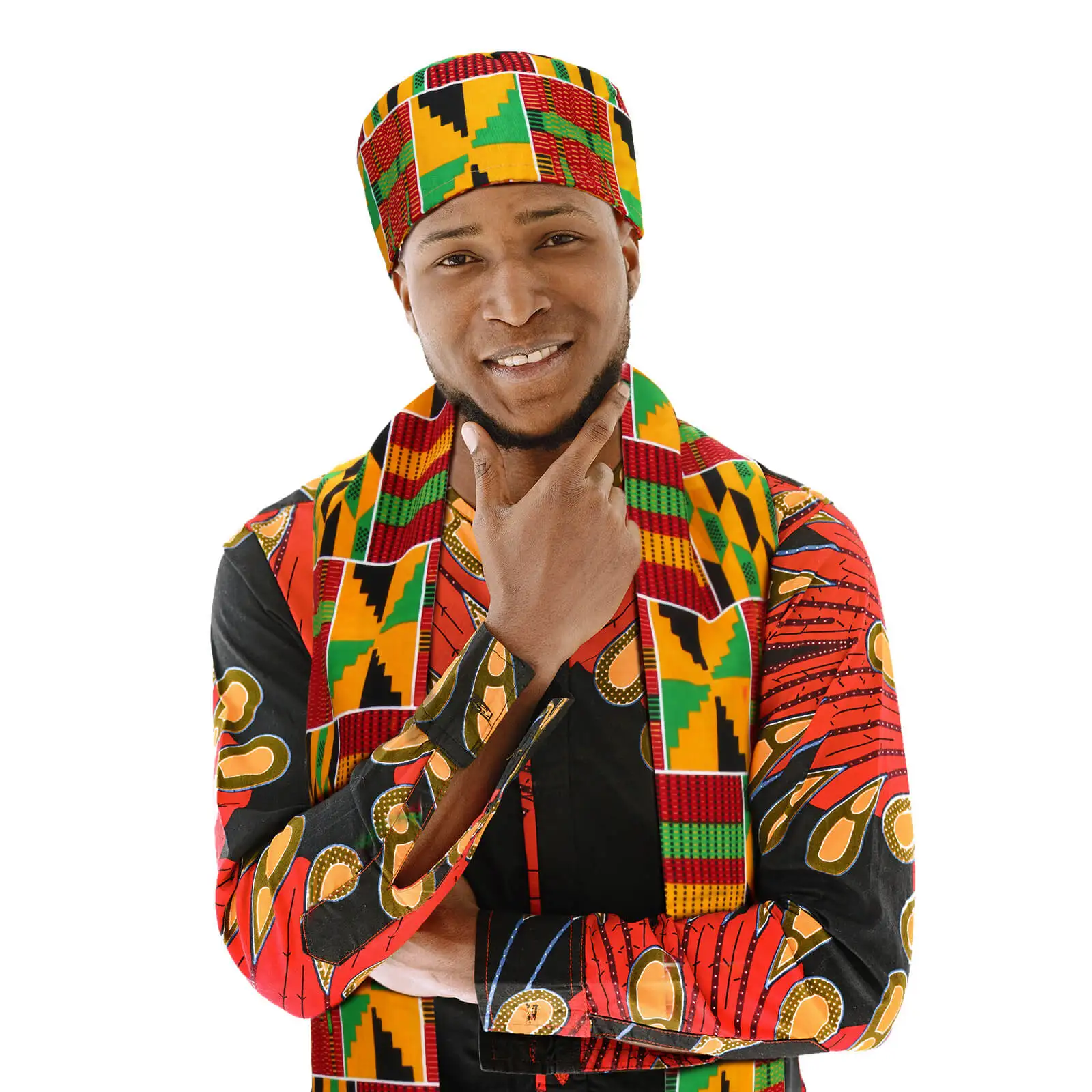 Шляпа Kufi с африканским узором Kente и шаль с поясом для африканских черных праздничных нарядов с историей
Шляпа Kufi с африканским узором Kente и шаль с поясом для африканских черных праздничных нарядов с историей