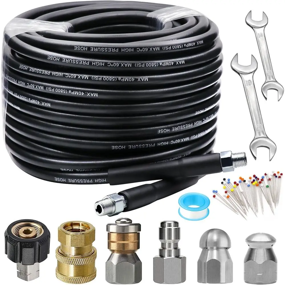 100T Sewer Jet Kit with 5800PSI Drain Cleaner Hose, 1/4 Inch NPT Rotating Nozzle, Waterproof Tape, and Pearl Cage Pin
100T Sewer Jet Kit with 5800PSI Drain Cleaner Hose, 1/4 Inch NPT Rotating Nozzle, Waterproof Tape, and Pearl Cage Pin