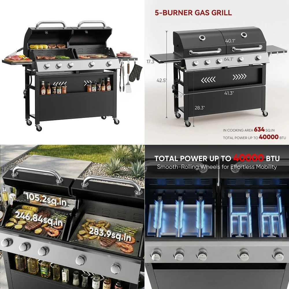 2in1 Grill Griddle Combo, 5 Burner Flat Top Griddle amp Grill with 40000 BTU Output, Propane Gas Grill with Enameled Cast Iron
2in1 Grill Griddle Combo, 5 Burner Flat Top Griddle amp Grill with 40000 BTU Output, Propane Gas Grill with Enameled Cast Iron