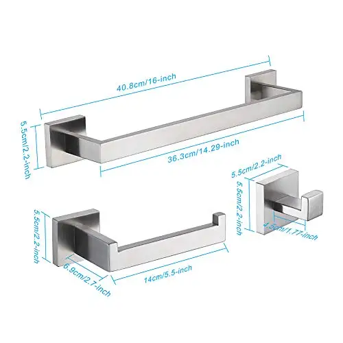 3-Piece Wall-Mounted Bathroom Accessories Set: 16-Inch Towel Bar, Toilet Paper Holder, Robe Hook — Brushed Stainless Steel
3-Piece Wall-Mounted Bathroom Accessories Set: 16-Inch Towel Bar, Toilet Paper Holder, Robe Hook — Brushed Stainless Steel