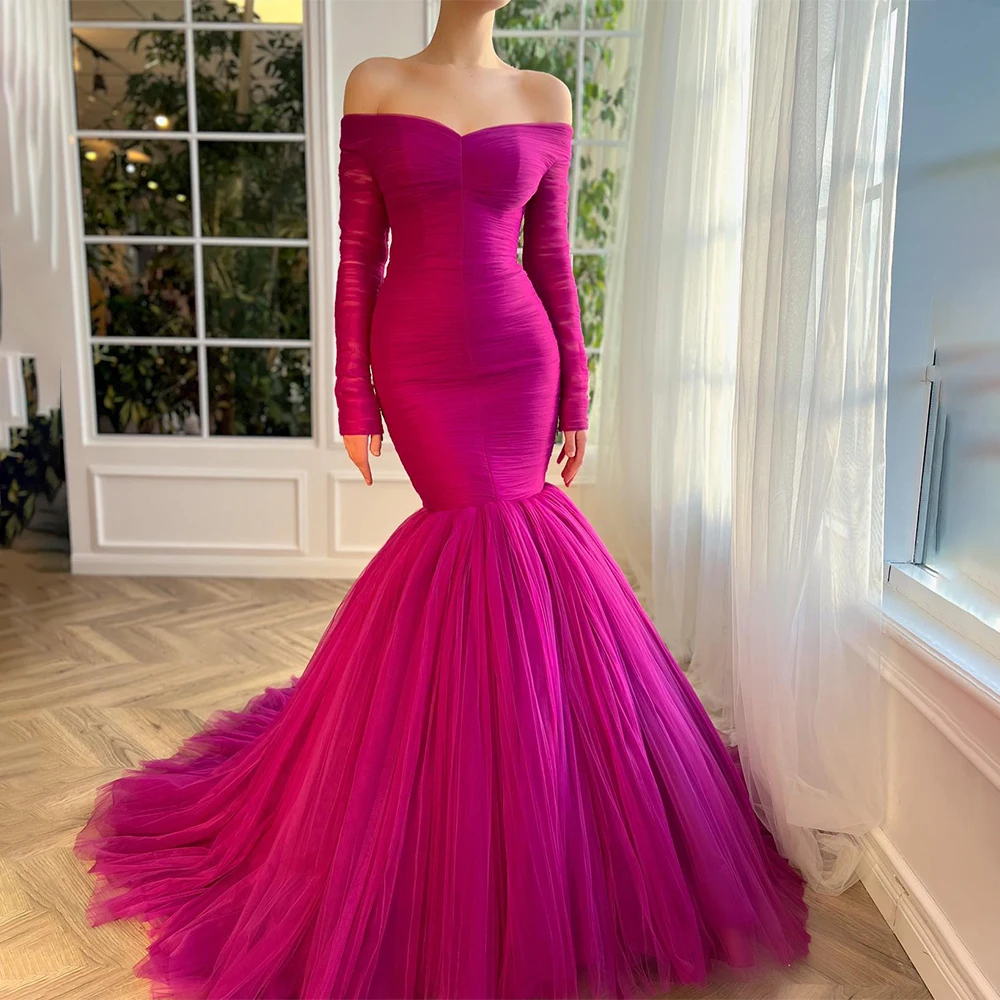 Fuchsia Evening Dresses Mermaid Off the Shoulder Long Sleeves Gowns Trumpet Elegant Formal Party Dress for Women 2023
Fuchsia Evening Dresses Mermaid Off the Shoulder Long Sleeves Gowns Trumpet Elegant Formal Party Dress for Women 2023