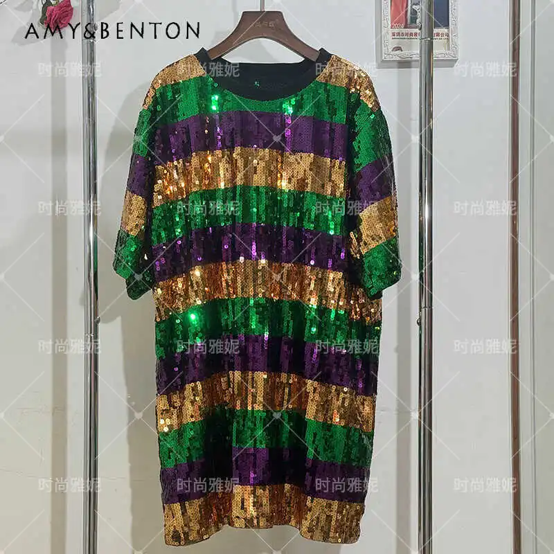 American Style Summer New Color-Blocking Sequin Loose Casual Dress Striped Women's Mid-Length T-shirt O-neck Vestidos De Mujer
American Style Summer New Color-Blocking Sequin Loose Casual Dress Striped Women's Mid-Length T-shirt O-neck Vestidos De Mujer