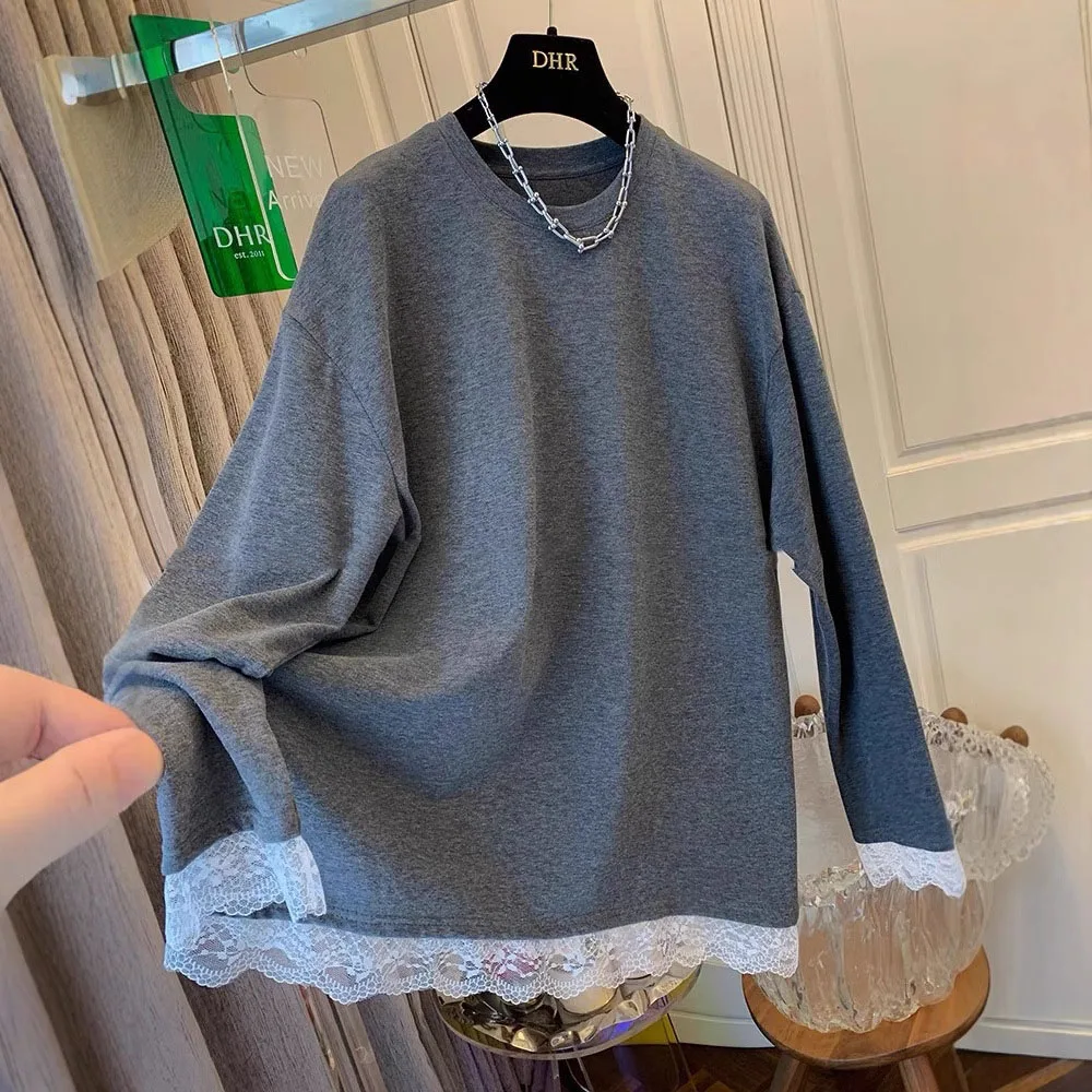 Korean Style Solid Color Casual Lace Edge Tops Spring Autumn Dralon Long Sleeved T-shirt Versatile Oversized Female Pullover
Korean Style Solid Color Casual Lace Edge Tops Spring Autumn Dralon Long Sleeved T-shirt Versatile Oversized Female Pullover