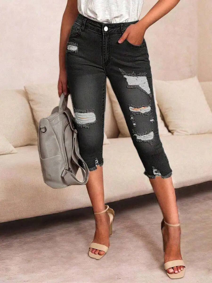 Womens High Waisted Stretch Ripped Capri Jeans Distressed Hem Slim Fit Cropped Denim Pants
Womens High Waisted Stretch Ripped Capri Jeans Distressed Hem Slim Fit Cropped Denim Pants