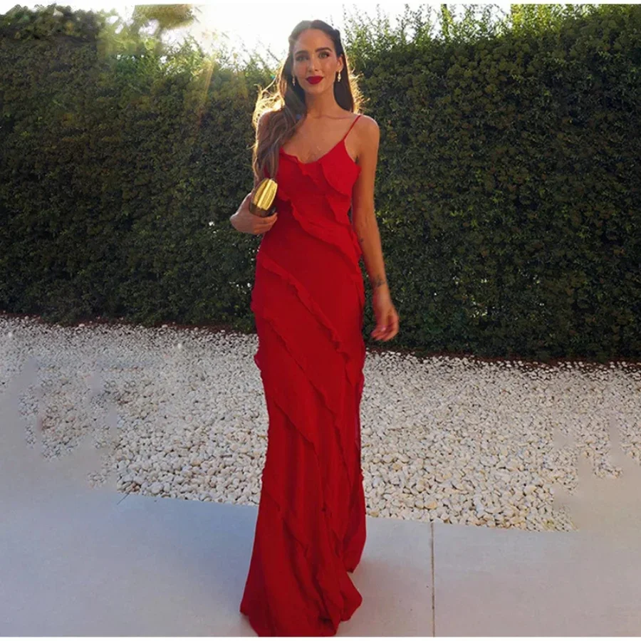 2024 Women's Ruffles Chiffon Maxi Dresses Backlesss Split Sexy Porm Dress Red Long Summer Wedding Party Dress Elegant Vestidos
2024 Women's Ruffles Chiffon Maxi Dresses Backlesss Split Sexy Porm Dress Red Long Summer Wedding Party Dress Elegant Vestidos